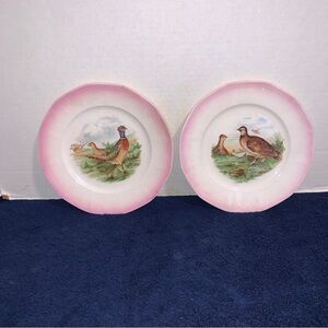 2 1920’s Antique Crescent China Co. Porcelain Bird Game Plates Pheasant Grouse